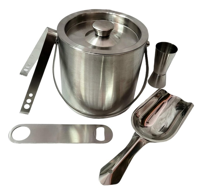 Proniks Stainless Steel Insulated Ice Bucket with Opener and Ice Tong and peg Measure and 1Liter Keeps Ice Cold for 6h Great bar Tools for Home bar AccessoriesMini barWine in silver and forcocktail Parties - Image 1
