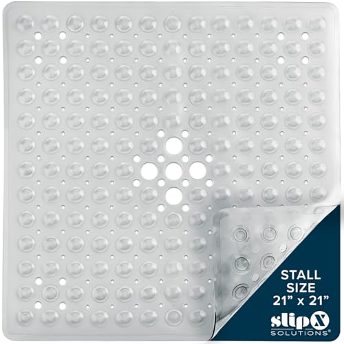 SlipX Solutions حصيرة استحمام مربعة أساسية من SlipX Solutions، 21"x21"، سطح محكم الملمس، أكواب شفط أقوى بنسبة 25%، حصيرة أرضية غير قابلة للانزلاق للحمام لجميع الأعمار، تناسب حواجز الاستحمام والأحواض القياسية، شفافة - Image 1