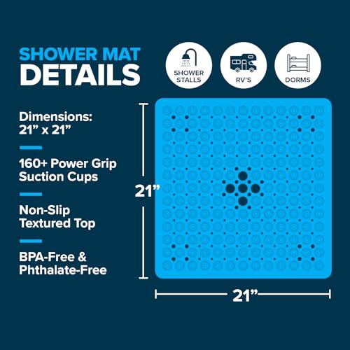SlipX Solutions حصيرة استحمام مربعة أساسية من SlipX Solutions، 21"x21"، سطح محكم الملمس، أكواب شفط أقوى بنسبة 25%، حصيرة أرضية غير قابلة للانزلاق للحمام لجميع الأعمار، تناسب حواجز الاستحمام والأحواض القياسية، شفافة - Image 4