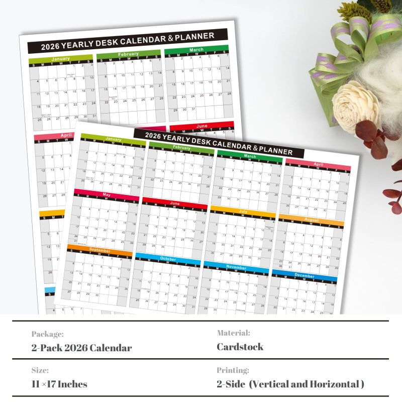 YvnShine 2-Pack 2026 Wall Desk Calendar 11x17 Inch, Reversible 2-Sided Horizontal or Vertical, 12 Month with Generous Block Space & Holidays Marked for Office, Home, School (Thick Cardstock) - Image 2