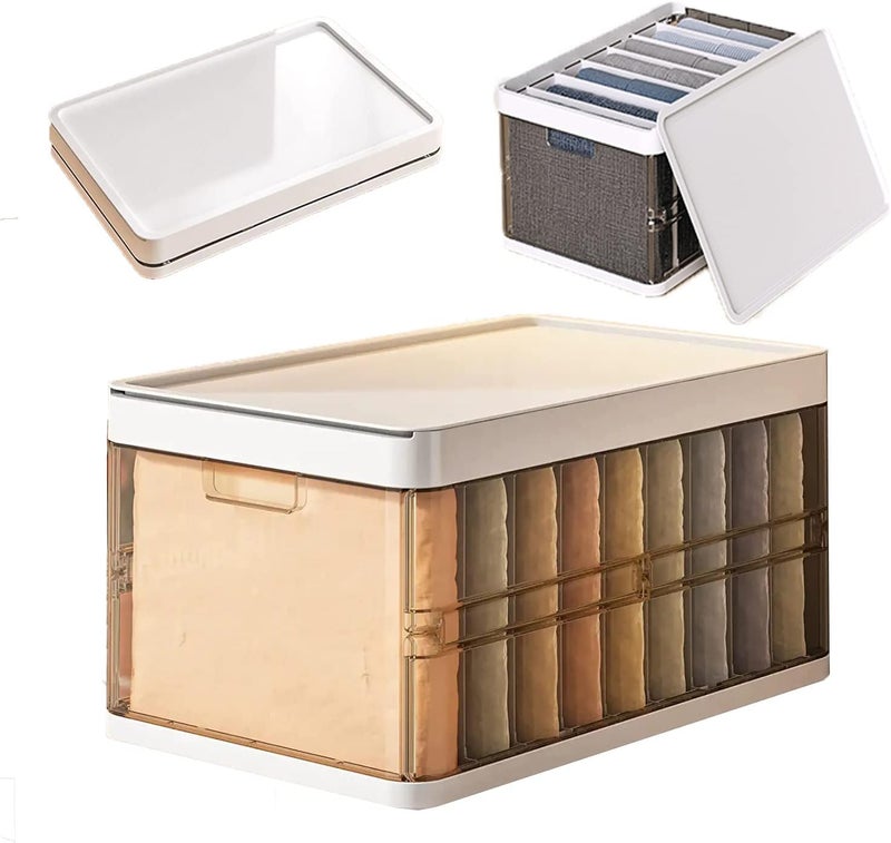 Juflix Juflix Stackable Wardrobe Clothes Organizer Jeans Compartment Plastic Storage Box with Detachable Dividers lid Wardrobe Clothes Cabinet for Toys Snacks Books Clear Brown 7 Grids 2 - Image 1