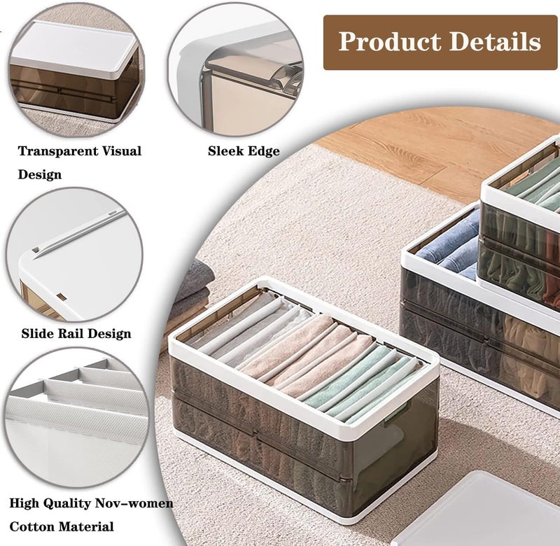 Juflix Juflix Stackable Wardrobe Clothes Organizer Jeans Compartment Plastic Storage Box with Detachable Dividers lid Wardrobe Clothes Cabinet for Toys Snacks Books Clear Brown 7 Grids 2 - Image 5