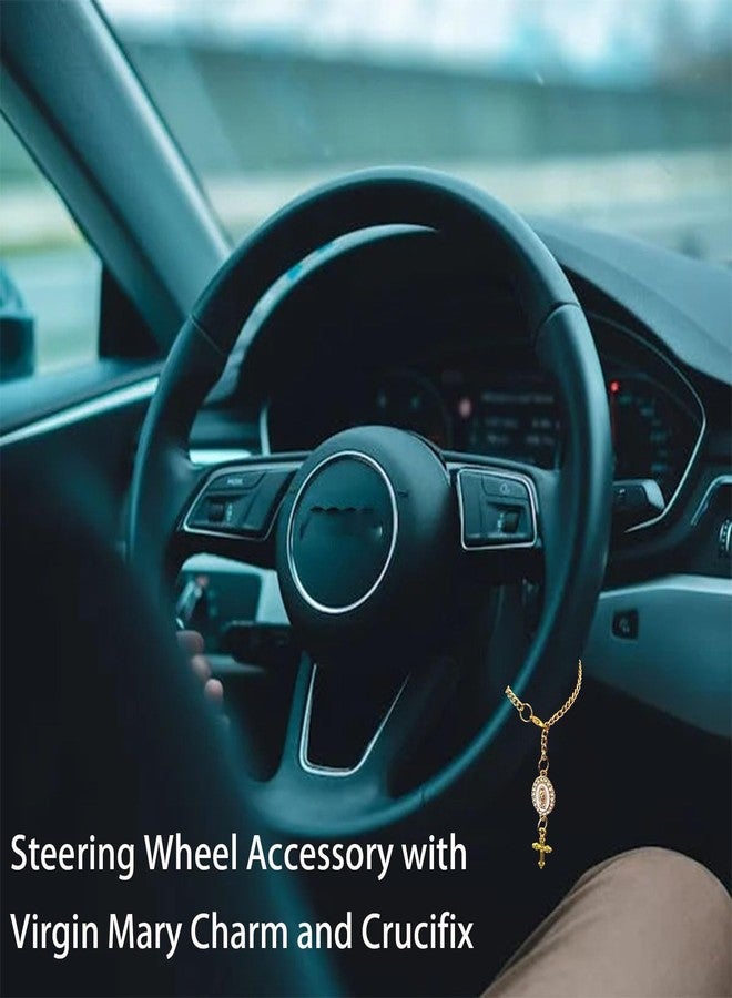 spansee Steering Wheel Rosary Charm Accessory, Catholic Rosary Hanging Pendant, Cross for Car, Steering Wheel Accessory with Virgin Mary Charm and Crucifix, Christian Gifts (Gold) - Image 3