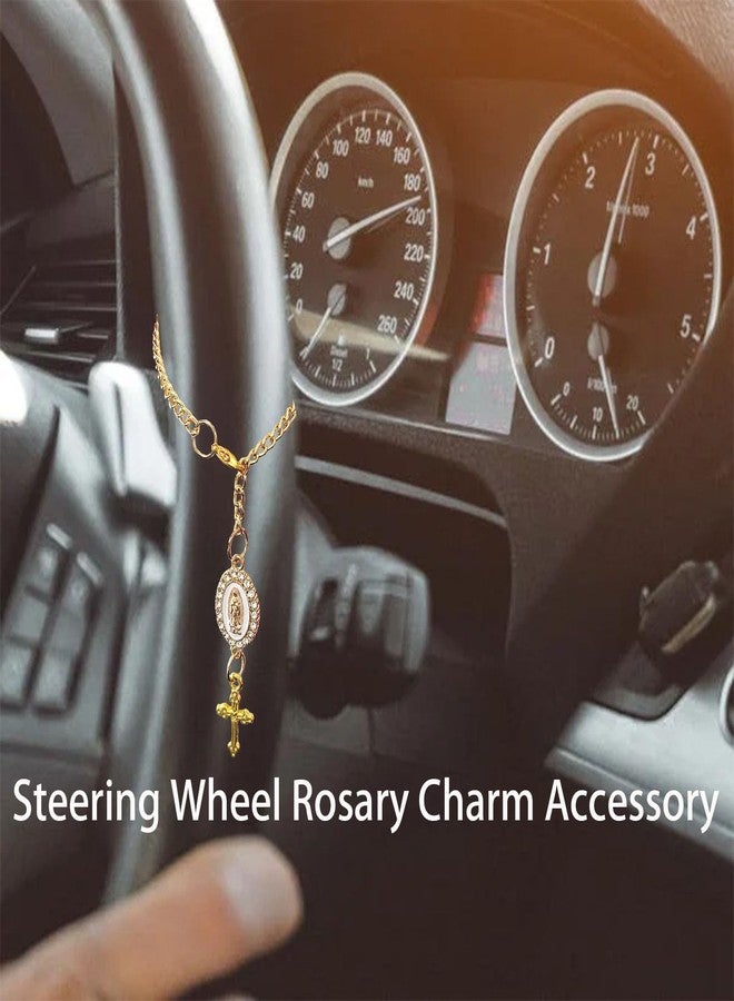 spansee Steering Wheel Rosary Charm Accessory, Catholic Rosary Hanging Pendant, Cross for Car, Steering Wheel Accessory with Virgin Mary Charm and Crucifix, Christian Gifts (Gold) - Image 2