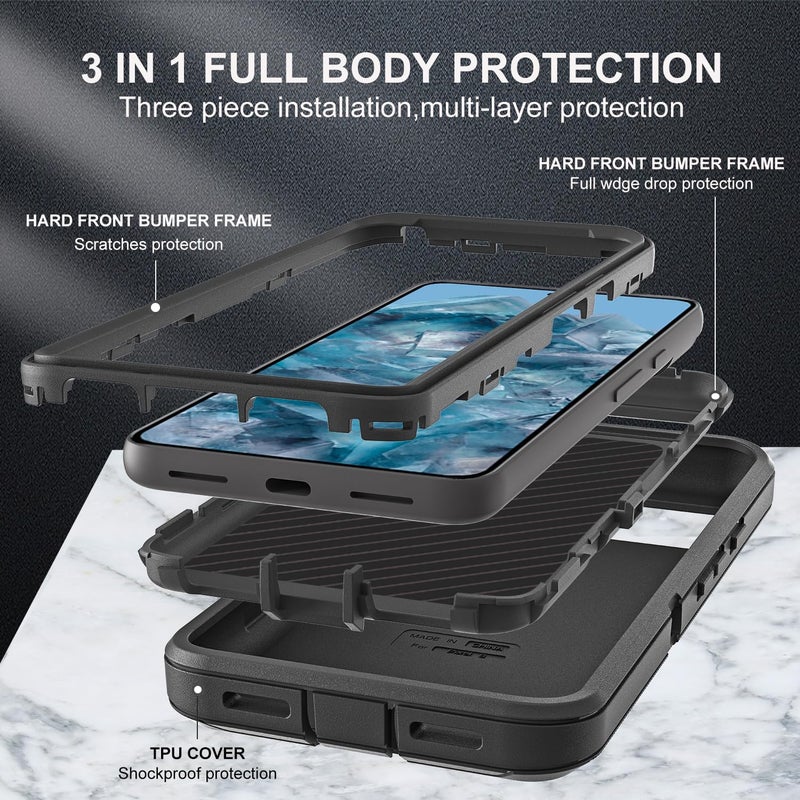 YKHJKLEC for Google Pixel 8 Pro Case, Military Grade 3 in 1 Heavy Duty Shockproof/Drop Proof/Dust Proof Case with 2Pcs Tempered Glass Screen Protector (Black/Black) - Image 4