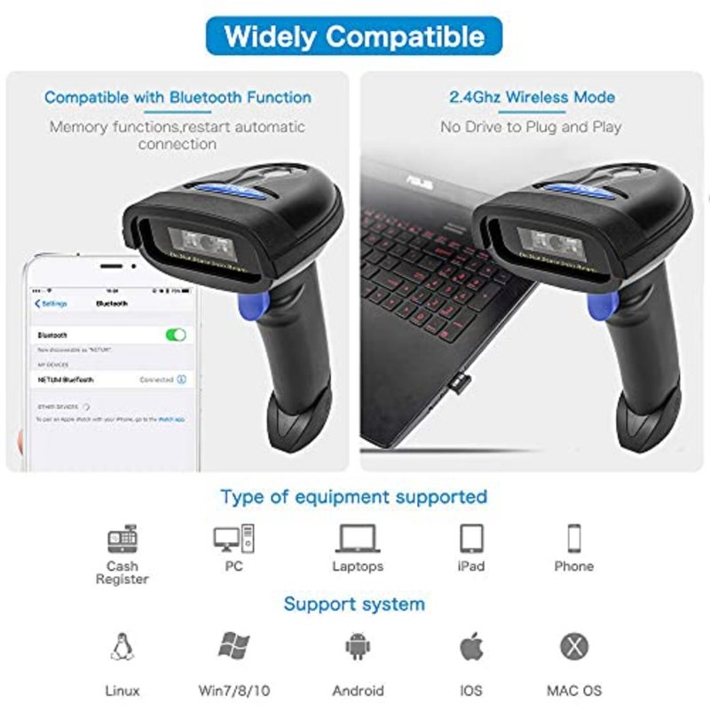 CCD Barcode Scanner 1D Bluetooth 2.4GHz Wired Cable Barcode Reader NT-1228BC - Image 3