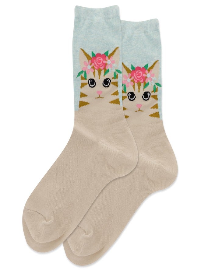 Hot Sox Womens Cat Flower Crown Crew Socks, Womens Shoe Size 4-10.5 - Image 1