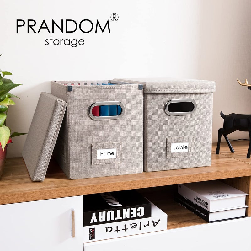 PRANDOM File Organizer Box - Set of 2 Collapsible Decorative Linen Filing Storage Hanging File Folders with Lids Office Cabinet Letter Size Light Grey (14x9.3x10.8 inch) - Image 2