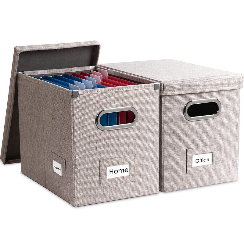 PRANDOM File Organizer Box - Set of 2 Collapsible Decorative Linen Filing Storage Hanging File Folders with Lids Office Cabinet Letter Size Light Grey (14x9.3x10.8 inch) - Image 1