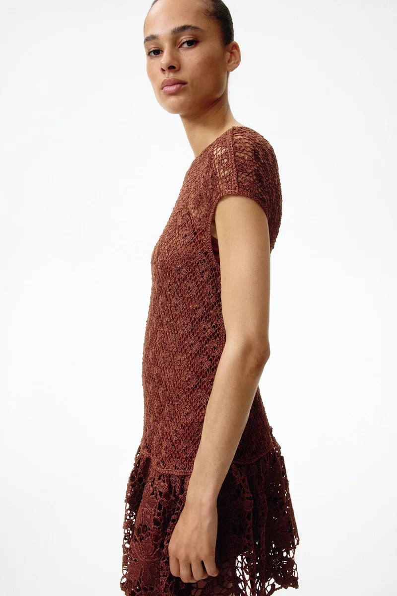 Crochet-look flared-skirt dress