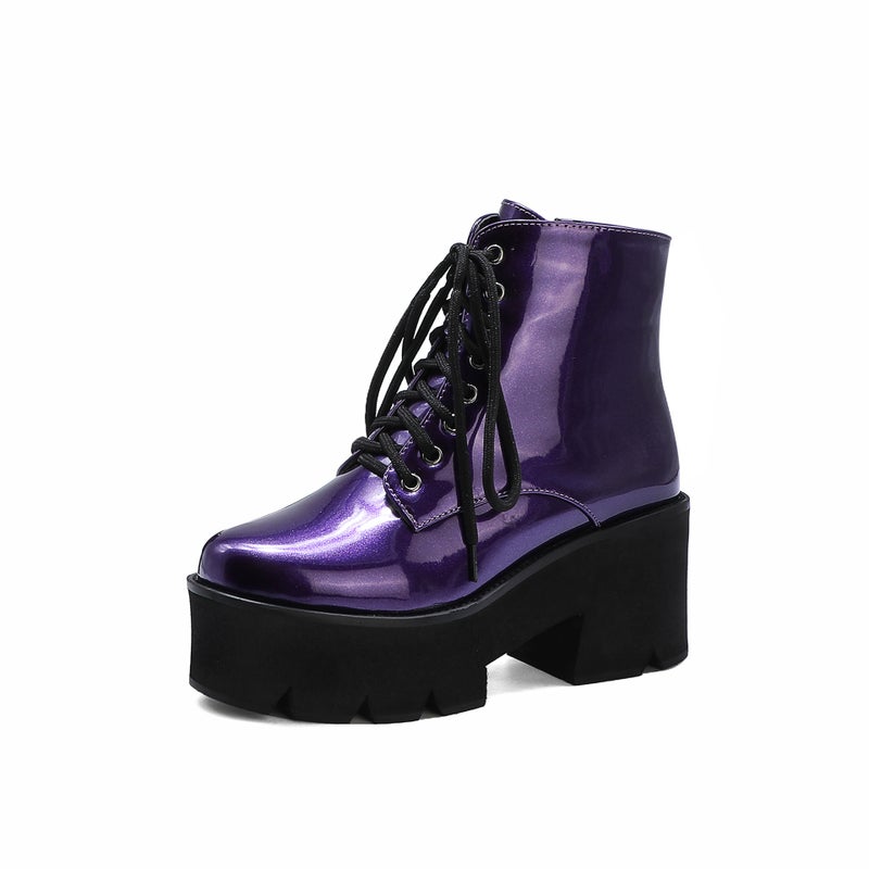 Martin Boots Women'S British-Style High-Heeled Ankle Boots Handsome Student Lace-Up Biker Velvet Patent Leather Bullock Boots - Image 3