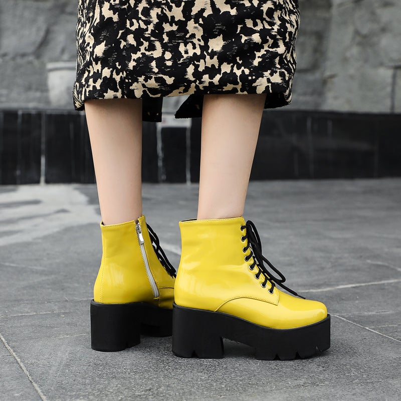 Martin Boots Women'S British-Style High-Heeled Ankle Boots Handsome Student Lace-Up Biker Velvet Patent Leather Bullock Boots - Image 5