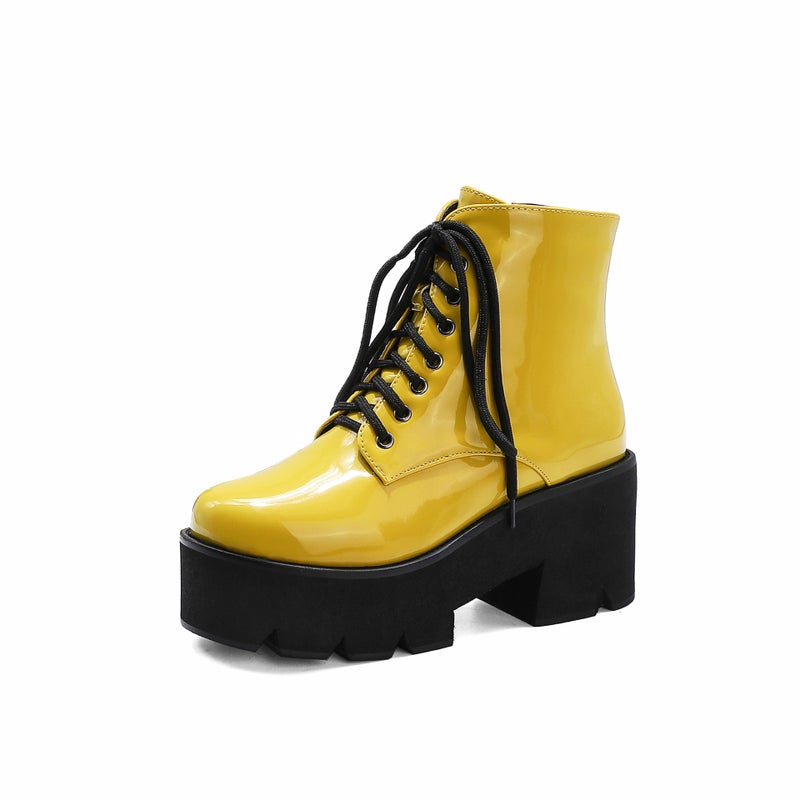 Martin Boots Women'S British-Style High-Heeled Ankle Boots Handsome Student Lace-Up Biker Velvet Patent Leather Bullock Boots - Image 1