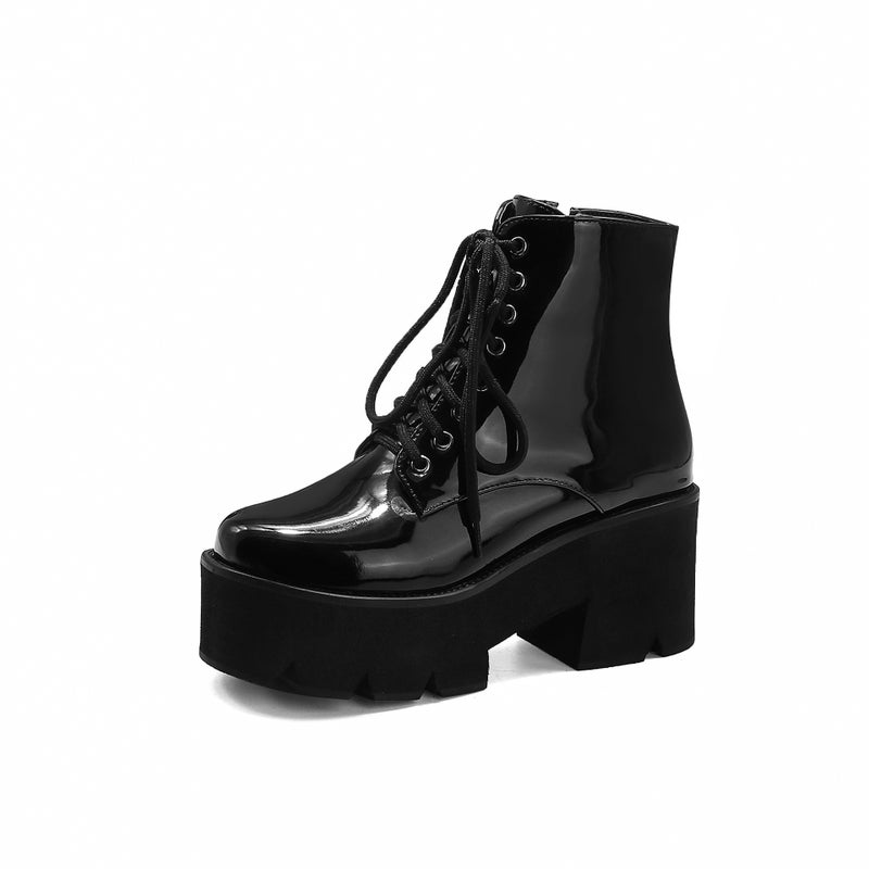 Martin Boots Women'S British-Style High-Heeled Ankle Boots Handsome Student Lace-Up Biker Velvet Patent Leather Bullock Boots - Image 4