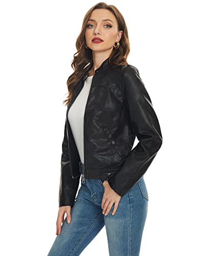 Fahsyee Black Faux Leather Jackets for Women Zip Up Motorcycle Short PU Moto Biker Outwear Fitted Slim Coat Size L - Image 3