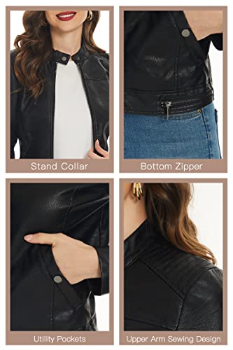 Fahsyee Black Faux Leather Jackets for Women Zip Up Motorcycle Short PU Moto Biker Outwear Fitted Slim Coat Size L - Image 5