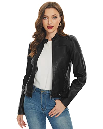Fahsyee Black Faux Leather Jackets for Women Zip Up Motorcycle Short PU Moto Biker Outwear Fitted Slim Coat Size L - Image 2