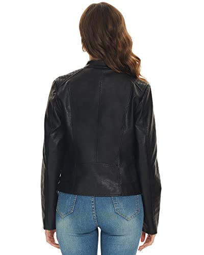 Fahsyee Black Faux Leather Jackets for Women Zip Up Motorcycle Short PU Moto Biker Outwear Fitted Slim Coat Size L - Image 4
