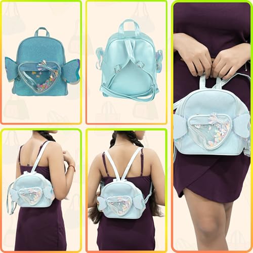 LYF5STAR Cute Angel Wing BLUE Backpack for College Girls |Heart Window School Bag | Birthday Gift for Teenage Girls | Sparkly Glitter Bag for Daily Use - Pack of 1 - Image 5