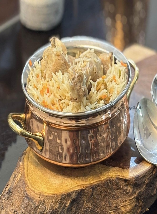 PURI Bartanwala - Copper/Stainless Steel Double Wall Biryani/Gravy Handi/Lagan with Brass Handle – 15 cm (6 Inch) Capacity: 600 ml - Image 4