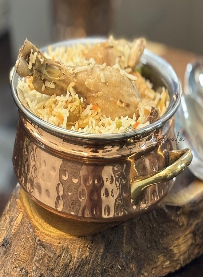 PURI Bartanwala - Copper/Stainless Steel Double Wall Biryani/Gravy Handi/Lagan with Brass Handle – 15 cm (6 Inch) Capacity: 600 ml - Image 3
