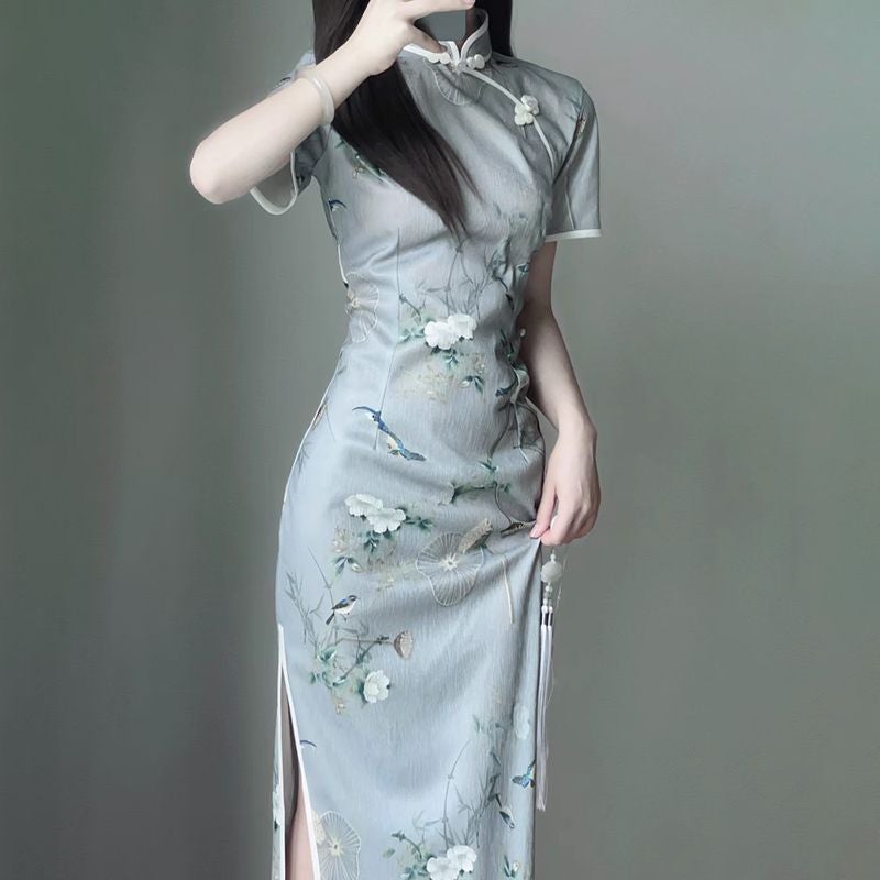 Fresh and elegant new Chinese style dress split national style summer 2024 new daily slim fit improved cheongsam atmosphere *jiangnan lotus