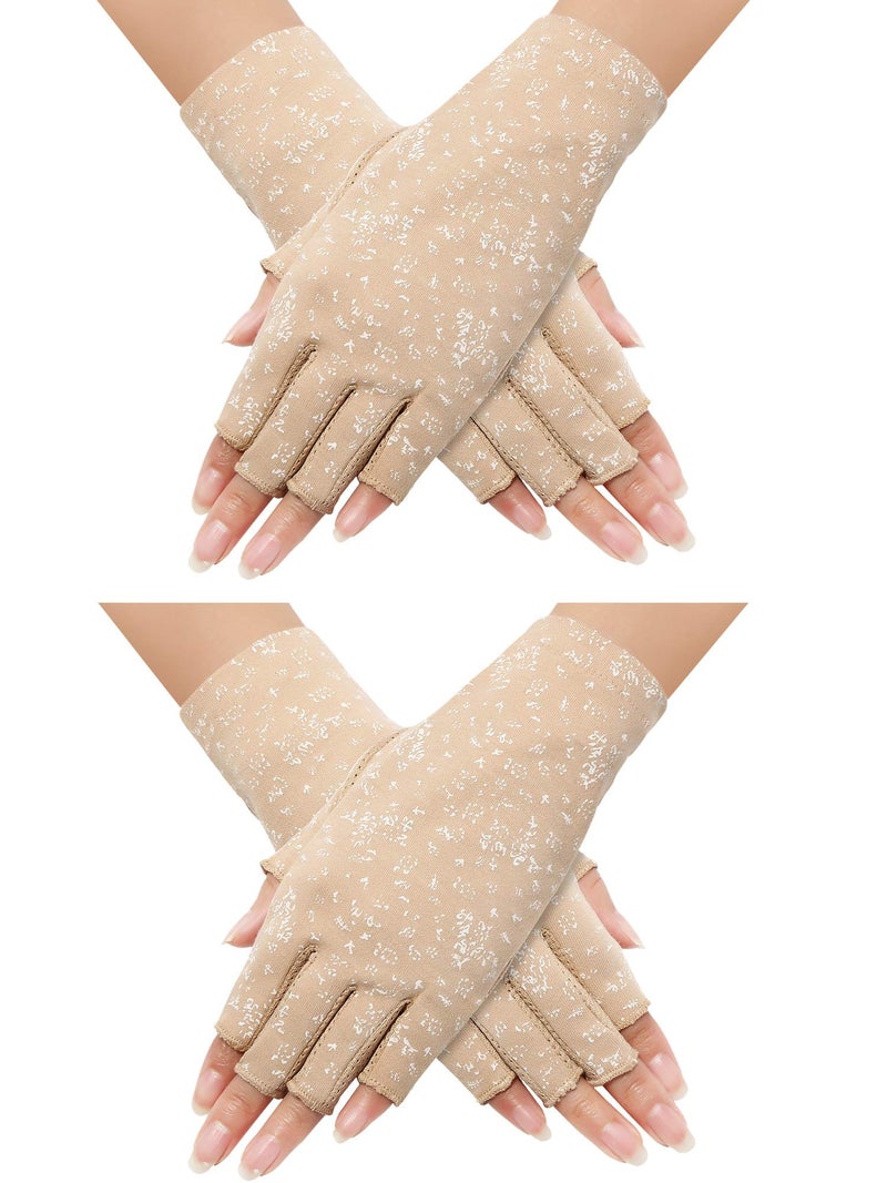 Maxdot 2 Pair Women Sunblock Fingerless Gloves UV Protection Driving Gloves Summer Mitten Non Slip for Outdoor Cycling Manicures (Khaki) - Image 1
