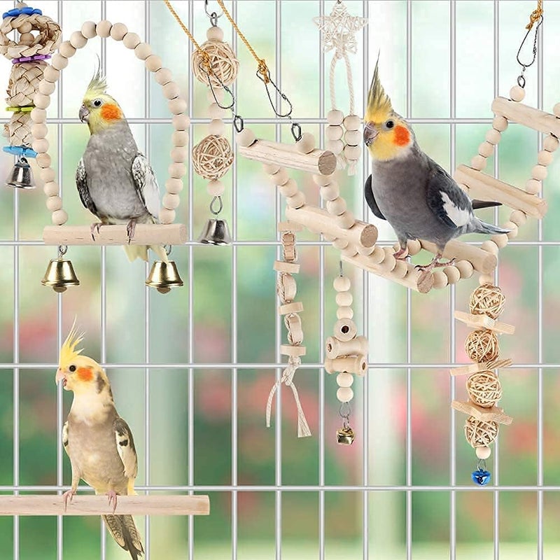 MQUPIN 9 Packs Bird Parrot Swing Toys Natural Wood, Chewing Standing Hanging Perch Hammock Climbing Ladder Bird Cage Toys For Budgerigar, Parakeet, Conure, Cockatiel, Mynah, Love Birds, Finches - Image 5