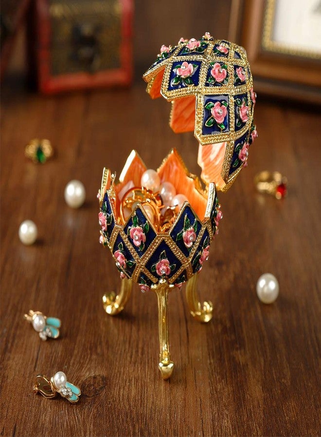 Furuida Easter Egg Style Diamond Flower Enamel Jewelry Trinket Box Hinged Ornaments Gift for Home Decor (Blue) - Image 5