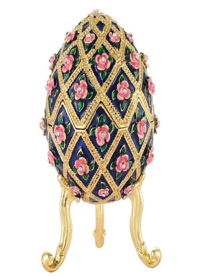 Furuida Easter Egg Style Diamond Flower Enamel Jewelry Trinket Box Hinged Ornaments Gift for Home Decor (Blue) - Image 1