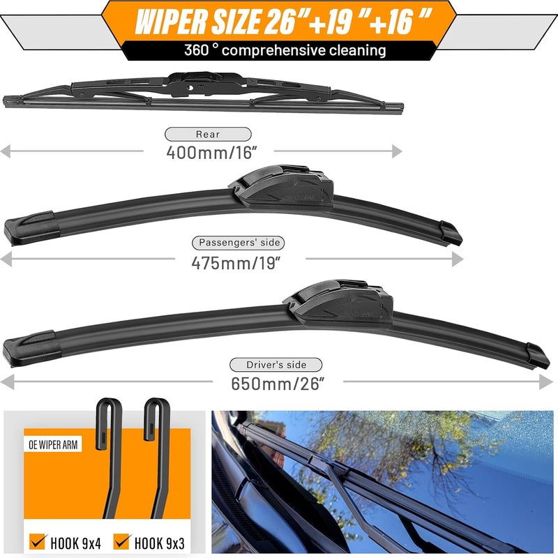 AUTOBOO 26"+19" Windshield Wipers with 16" Rear Wiper Blade Replacement for Toyota sienna 2010 2009 2008 2007 2006 2005 -Original Factory Quality (Pack of 3) - Image 3