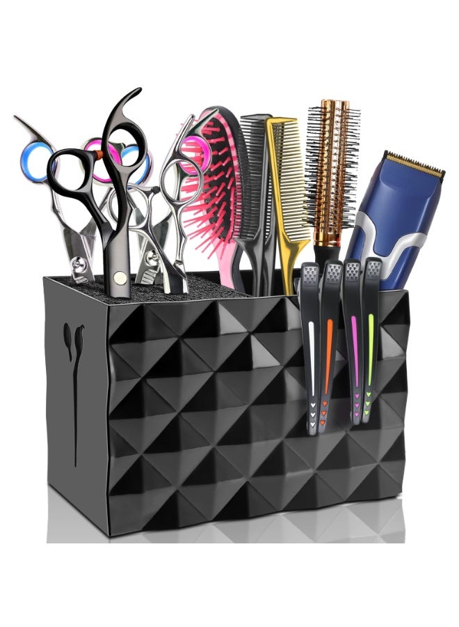 Hair Salon Shear Holder Organizer with Dual Compartments, Anti-Slip Sponge Insert, Diamond Pattern Exterior, Sturdy Anti-Skid Base, Suitable for Salon and Home Use to Store Hair Cutting Tools, Combs and Clippers - Image 1