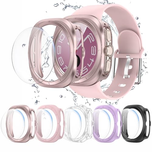 BHARVEST [5+5 Pack Galaxy Watch 7 Ultra 47mm Screen Protector, Waterproof Case Protective Cover+Tempered Glass Screen Protector Ultra-Thin Hard PC Guard Bumper For Samsung Galaxy Watch 7 47mm Women - Image 1