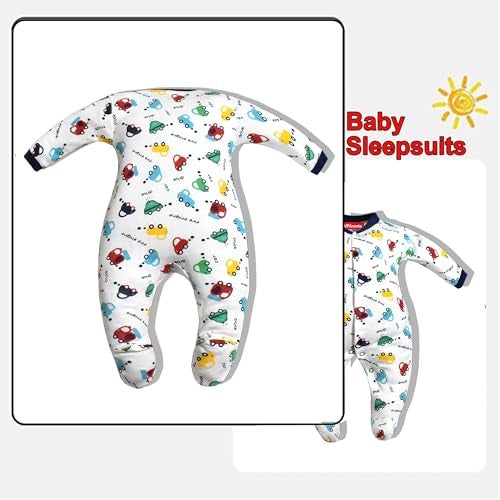 VParents Aqua Full Length Printed Baby Footies Sleepsuit Romper Pack of 3 - New Born (9-12 Months, Royal Blue) - Image 2