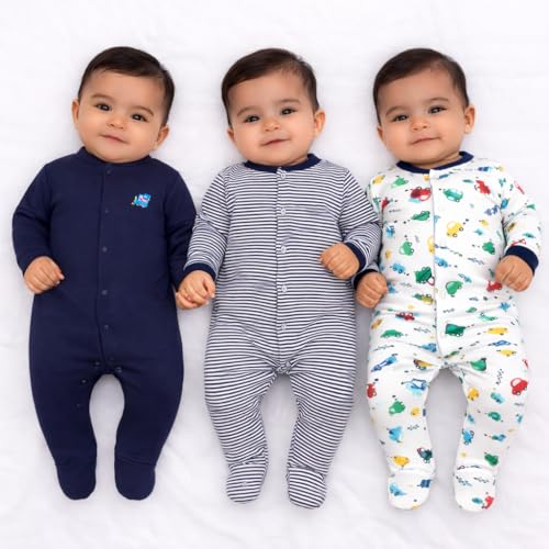 VParents Aqua Full Length Printed Baby Footies Sleepsuit Romper Pack of 3 - New Born (9-12 Months, Royal Blue) - Image 1
