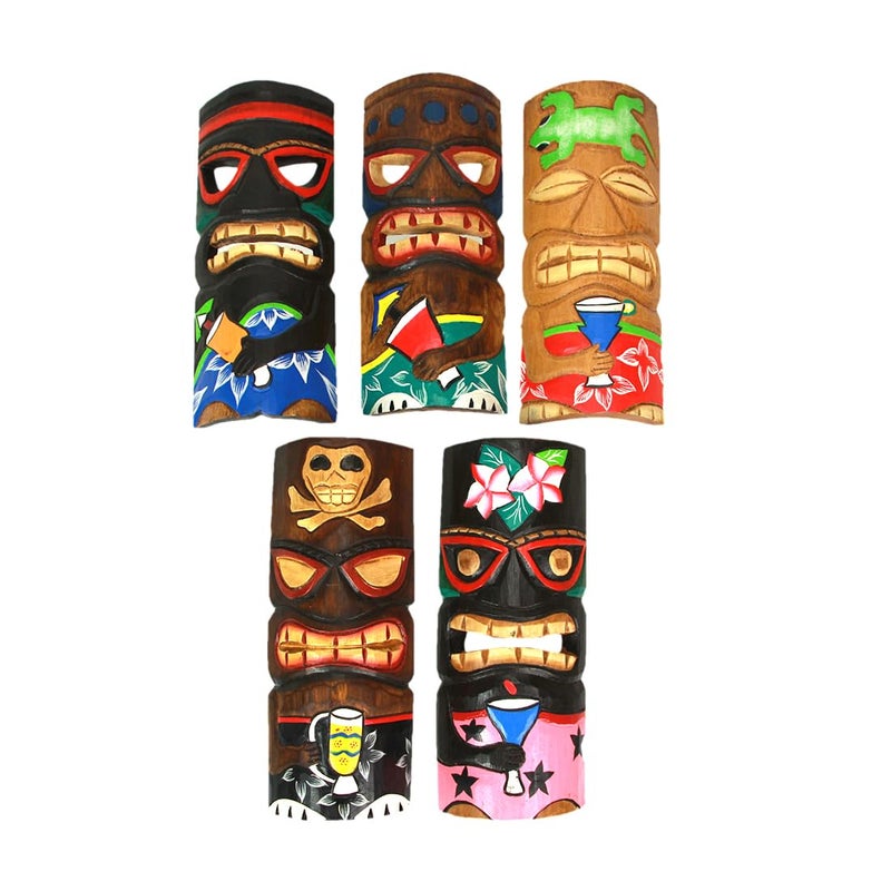 Set of 5 HandCarved Polynesian Style Wooden Wall Masks  12Inch High Island Decor Vibrant HandPainted Finish  Sustainable Wood  Perfect for Tiki Bar Patio BBQ Pit