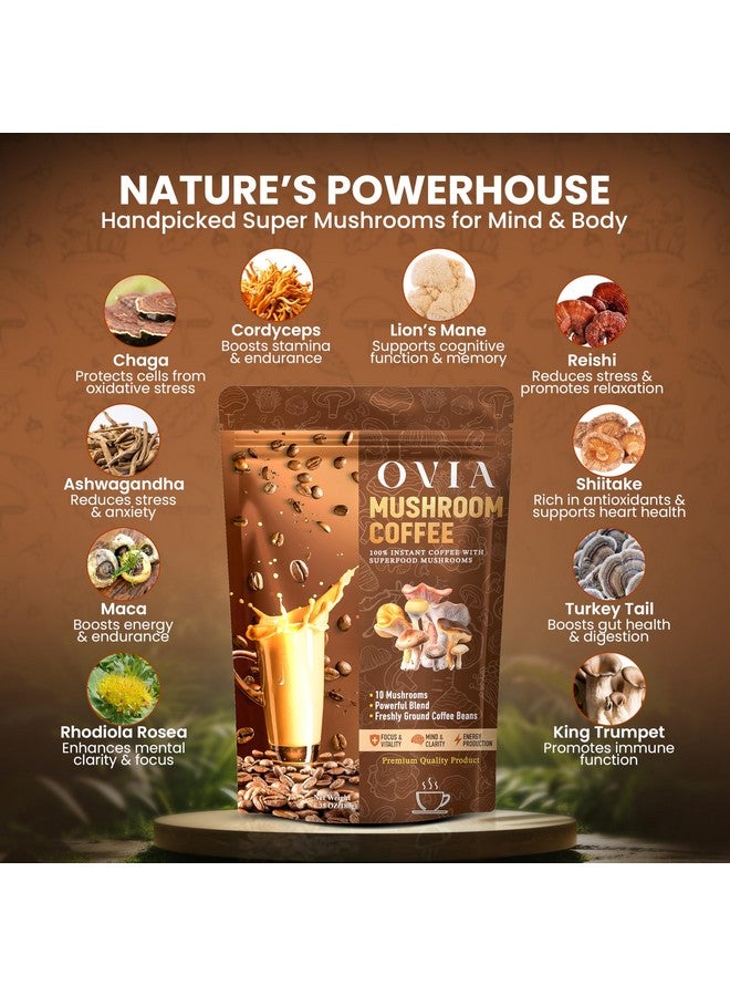 OVIA Daily Dose Ten Mushroom Coffee for Focus & Gut Health - Shroomology 10 Mushrooms Coffee for Clean Energy - Low Caffeine & Adaptogenic Instant Coffee with Lions Mane, Chaga, Cordyceps, Ashwagandha, Turkey Tail & Reishi and Other - 30 Servings - Image 3