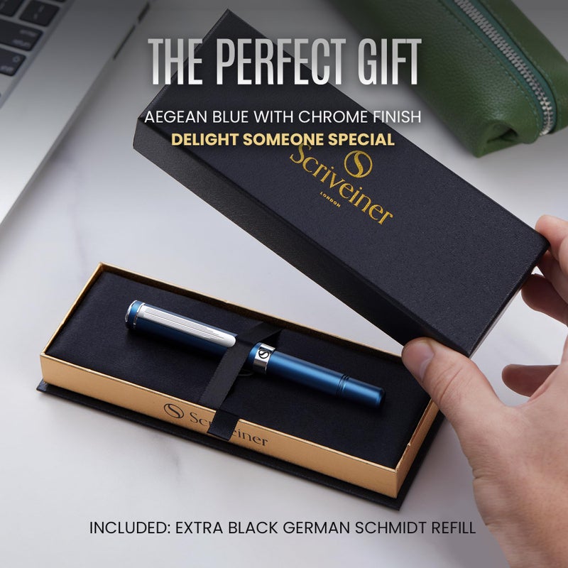 Scriveiner Blue Rollerball EDC Luxury Pen, Stunning Pocket Pen with Chrome Finish, Cool Writing Pen, Best Pen Gift for Men & Women, German Schmidt Refill, Nice Present, Fancy Office Designer Pen Set - Image 3