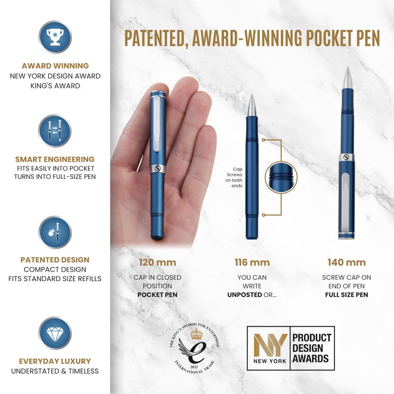 Scriveiner Blue Rollerball EDC Luxury Pen, Stunning Pocket Pen with Chrome Finish, Cool Writing Pen, Best Pen Gift for Men & Women, German Schmidt Refill, Nice Present, Fancy Office Designer Pen Set - Image 4