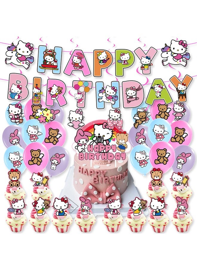 Zeemey - HelloKitty Theme Balloon Set with Happy Birthday Banner,Cake Topper,Hanging Spins,Perfect for Graduation Baby Shower Birthday Bachelorette Party Backdrop Decoration,Suitable for Indoor and Outdoor - Image 1