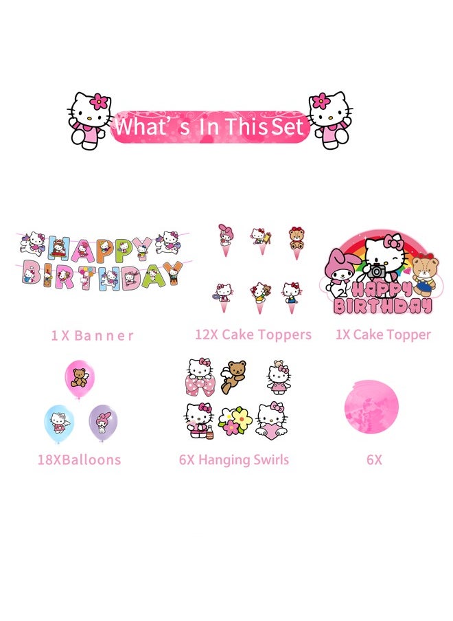 Zeemey - HelloKitty Theme Balloon Set with Happy Birthday Banner,Cake Topper,Hanging Spins,Perfect for Graduation Baby Shower Birthday Bachelorette Party Backdrop Decoration,Suitable for Indoor and Outdoor - Image 1
