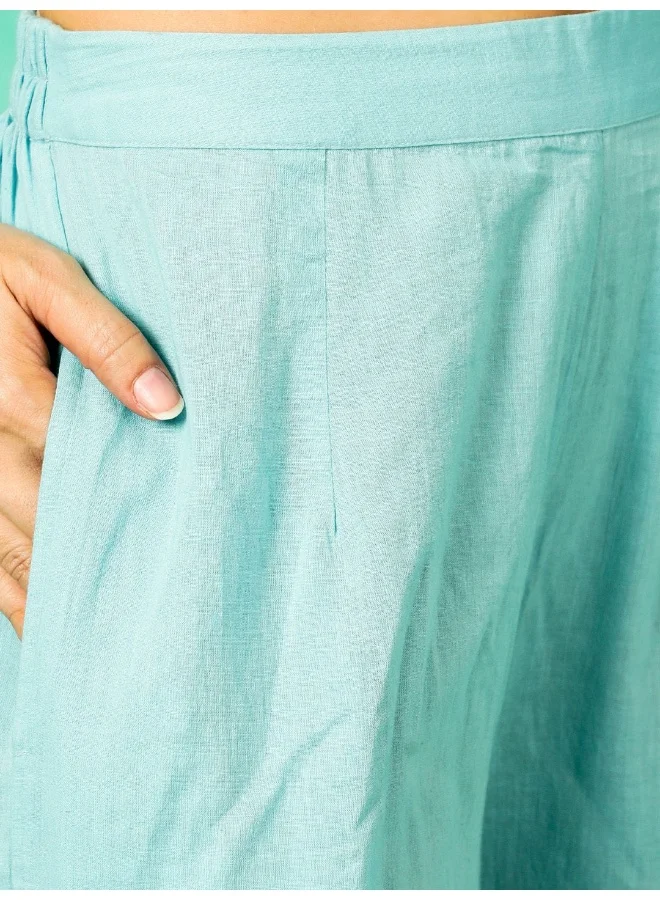 AKS  Turquoise Blue Schiffli Work Cotton Kurta & Palazzo With Dupatta for Women | Best Price UAE