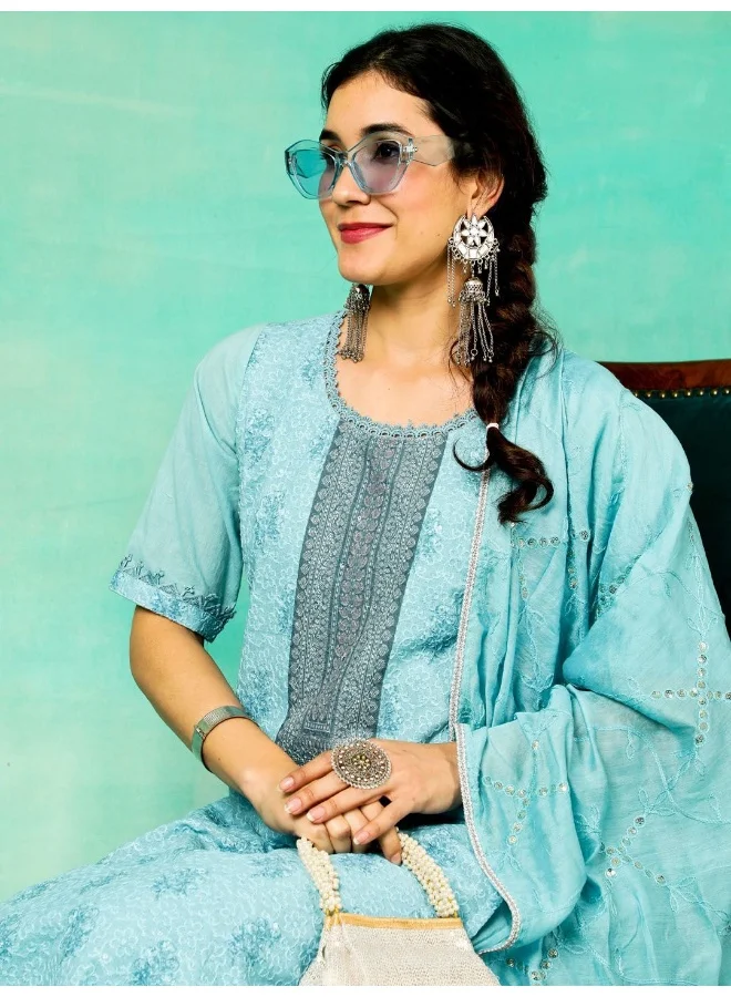 AKS Turquoise Blue Schiffli Work Cotton Kurta & Palazzo With Dupatta