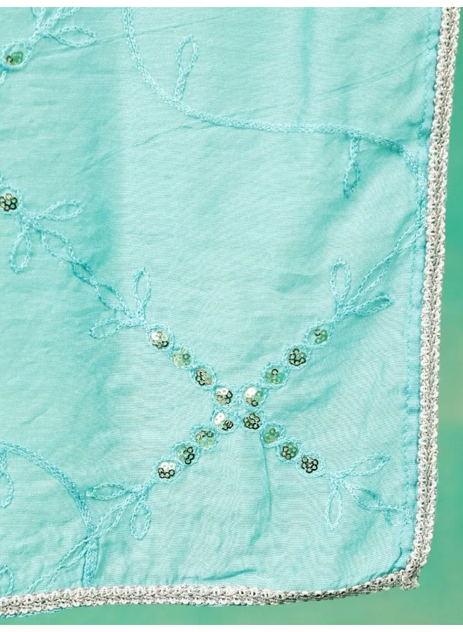 AKS  Turquoise Blue Schiffli Work Cotton Kurta & Palazzo With Dupatta for Women | Best Price UAE