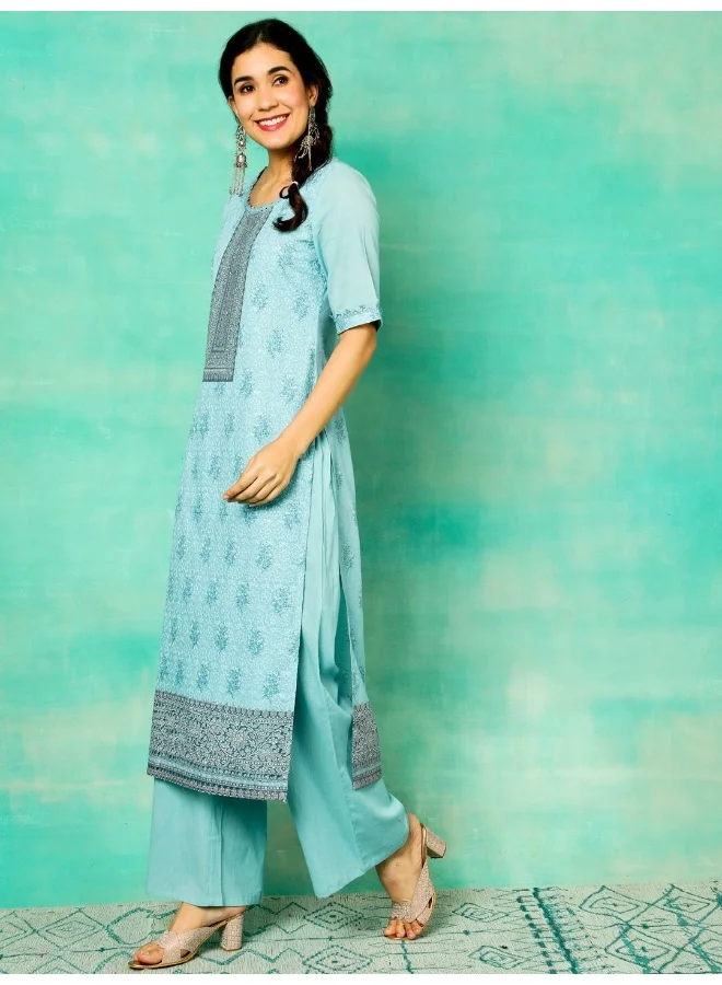 AKS  Turquoise Blue Schiffli Work Cotton Kurta & Palazzo With Dupatta for Women | Best Price UAE