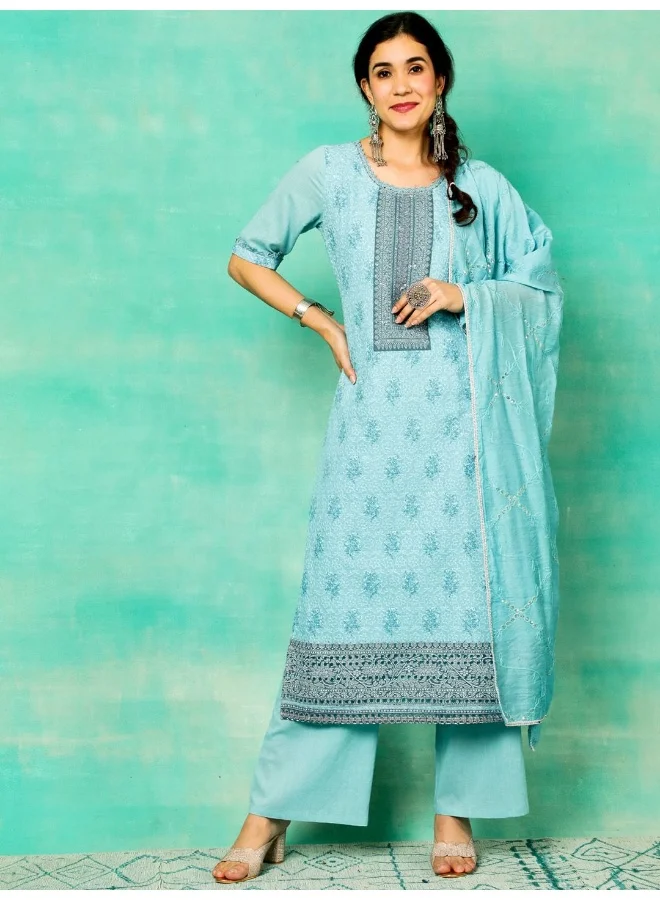 AKS Turquoise Blue Schiffli Work Cotton Kurta & Palazzo With Dupatta
