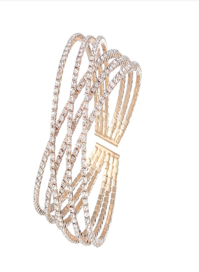 AZFEIYA 18k Rose Gold Plated Cubic Zirconia Cuff Bangle Sparkly Rhinestone Bridal Wedding Statement Bracelet(18K Gold plated) - Image 1