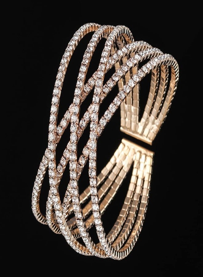 AZFEIYA 18k Rose Gold Plated Cubic Zirconia Cuff Bangle Sparkly Rhinestone Bridal Wedding Statement Bracelet(18K Gold plated) - Image 4