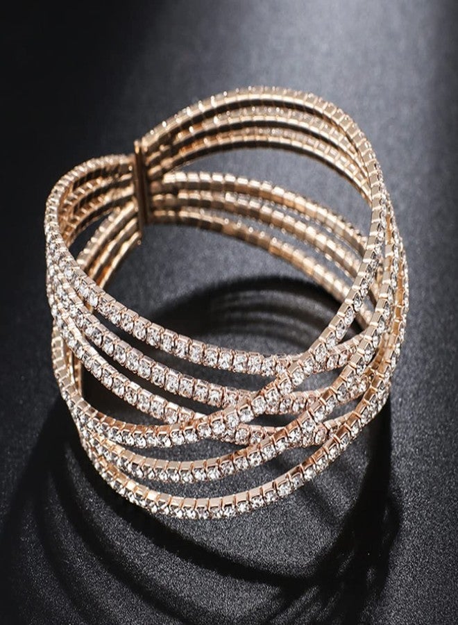 AZFEIYA 18k Rose Gold Plated Cubic Zirconia Cuff Bangle Sparkly Rhinestone Bridal Wedding Statement Bracelet(18K Gold plated) - Image 3