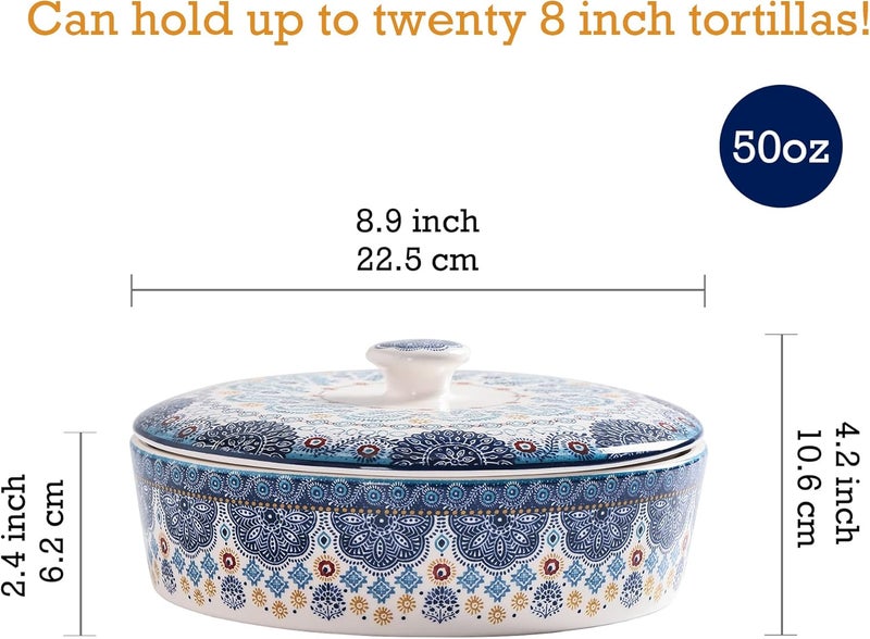 Bico Blue Talavera Ceramic Tortilla Warmer, 8.9 Inch Tortilla Holder with Lid for Taco Bread Pancake for Mexican Night and Party, Microwave and Dishwasher Safe - Image 2
